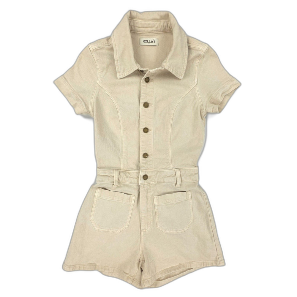 NEW Rollas Sailor Denim Romper 70s Workwear Boho Vintage Western Minimal Ecru